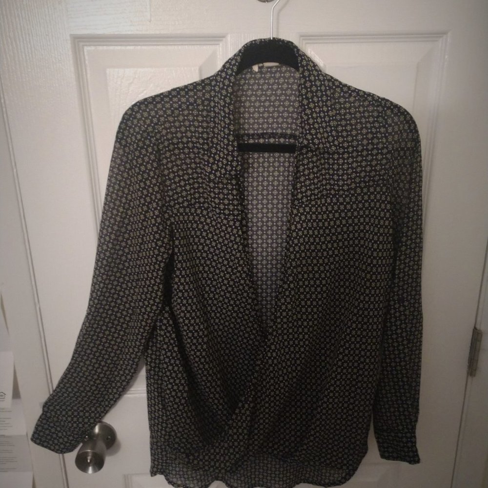 Navy & Yellow Patterned Blouse - Dressy or Casual